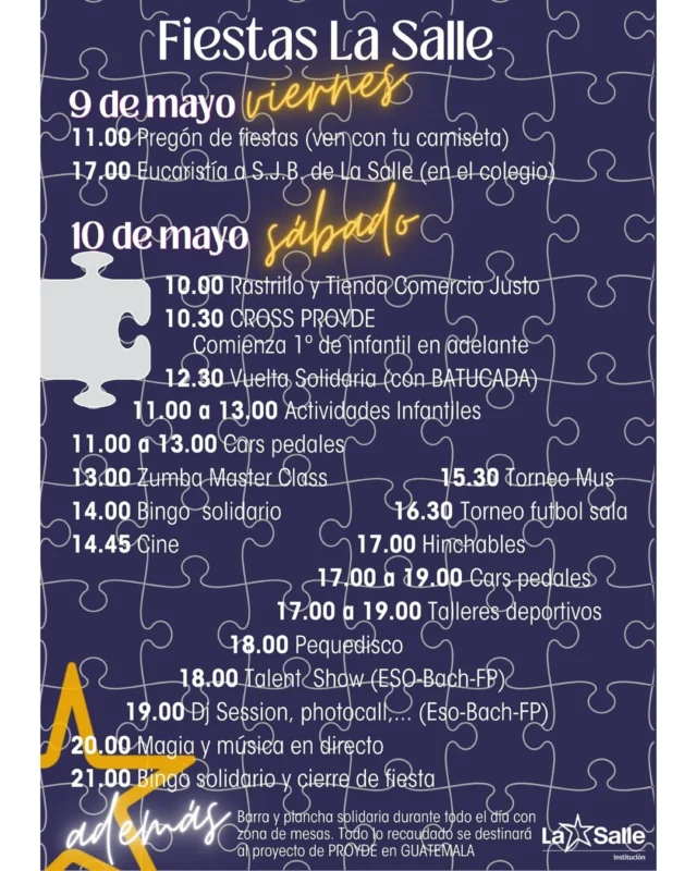 ¡Ya tenemos horarios! El 9 y 10 de mayo compartiremos un fin de semana en familia lasaliana, desde los más peques a los más mayores podrán elegir a qué unirse, os esperamos a todos, ¡TÚ eres la pieza clave!
#somoslasalle #proyde @proyde #fiestaslasalle #tiempodecuidartiempodecrear